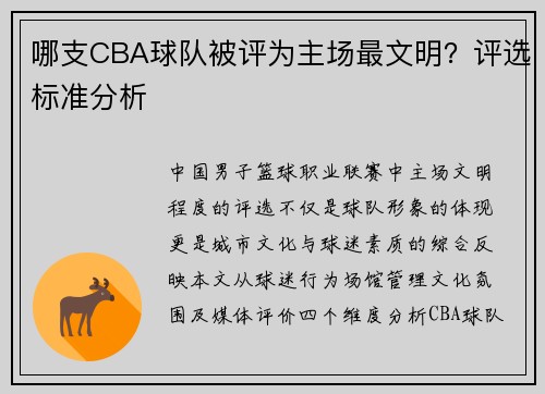 哪支CBA球队被评为主场最文明？评选标准分析